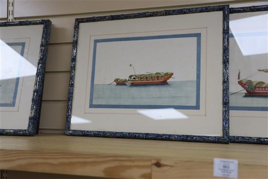 Four 19th century Chinese gouaches on pith paper, depicting junks and watercraft, 20 x 32cm